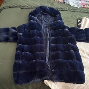 BCBGMaxAzria Felicia Faux Fur Navy Hooded Jacket